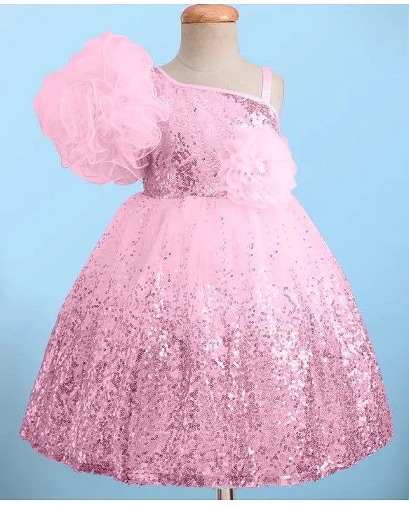 Bluebell Net Woven Sleeveless Party Frock With Floral Applique & Sequin Detailing - Pink